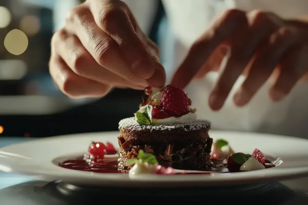 Mains de pâtissier déposant une framboise sur un dessert
